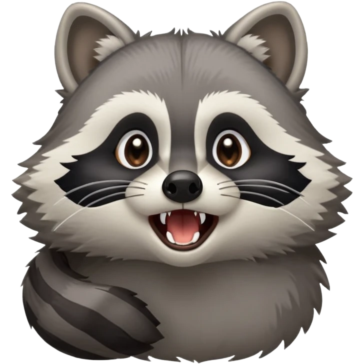 Cinematic-Cute-Yawning-Raccoon-Portrait-Emoji – Head tilted slightly with a dramatic, wide-open yawn, revealing a soft grey and black fur coat with a striped bushy tail, round brown eyes barely open in drowsy curiosity. emoji