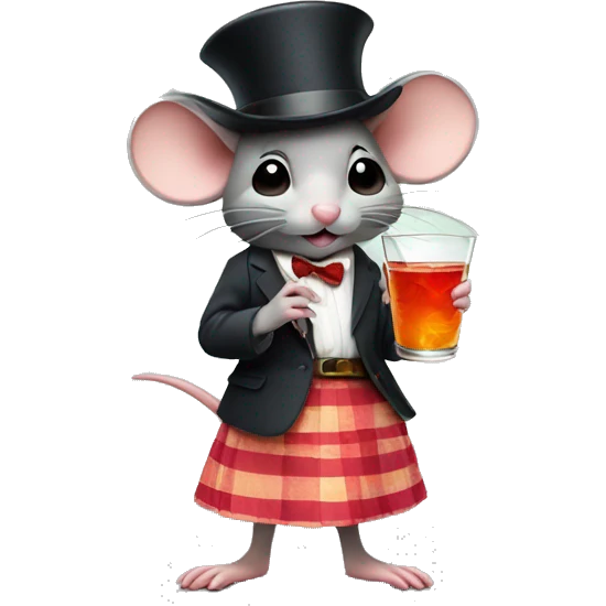 A little mouse in a skirt wearing a hat and drinking a cocktail emoji