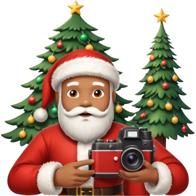 Homme photographe noir, week-end détente, équipé d’un appareil photo pro. Dans un décor Noël chaleureux, Père Noël à côté, sapin illuminé, lumières douces.  Ambiance festive, réaliste, couleurs nettes emoji