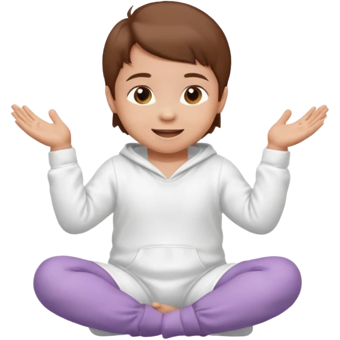 A smiling baby with brown hair, sitting down, moving its arms and hands. emoji