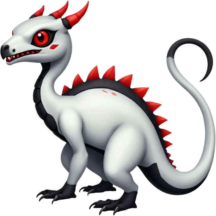 a white exotic edgy vernid-fionbr-Fakémon-creature, with black belly and red eyes, full body emoji