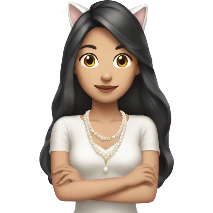 brunette long hair asian wearing pearl necklace and cat ears emoji