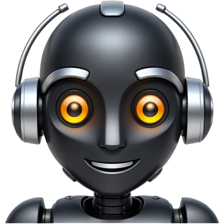 friendly modern face of a black robot with bright white led eyes, smiling, non-threatening emoji