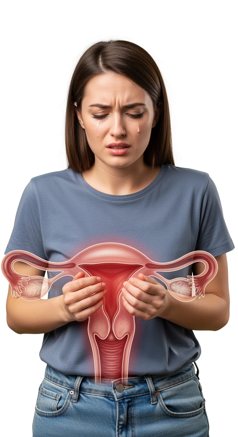 donna vestita casual realistico con utero umano anatomico in evidenza, dolore in volto, IPERREALISTICO 4K, sfondo bianco emoji