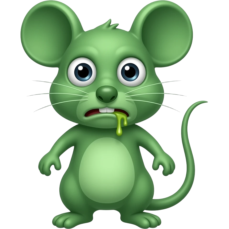 A little green mouse standing upright, with arms and legs that look like those of a little person, staring at us with a disgusted and nauseating look on its face. With vomit on his mouth. The mouse’s body is entirely green. emoji