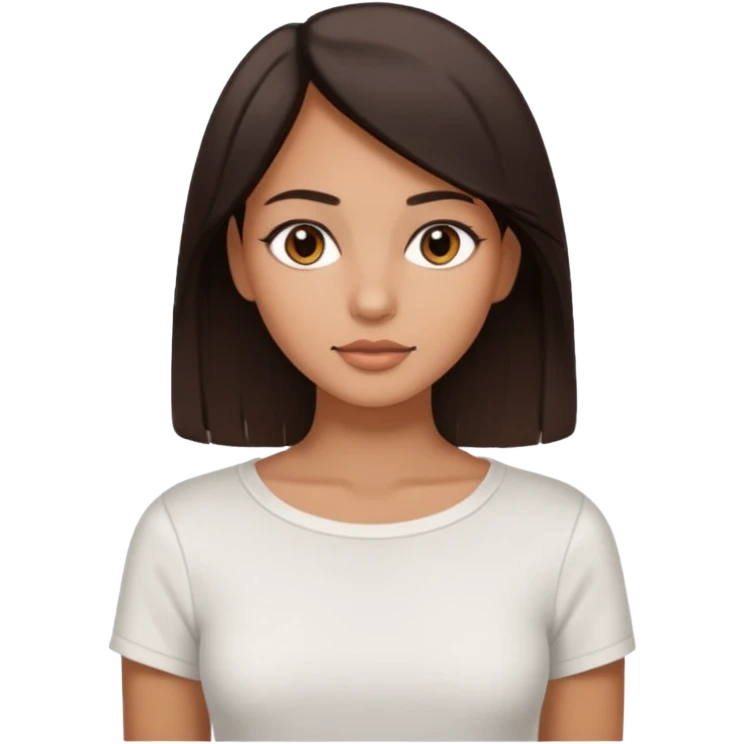 Koyu saçlı, genç bir kadın. Ten rengi buğday. Gözleri kahverengi. Saçları düz (veya kıvırcık) ve orta uzunlukta. Soft makyajlı, sade stil. emoji
