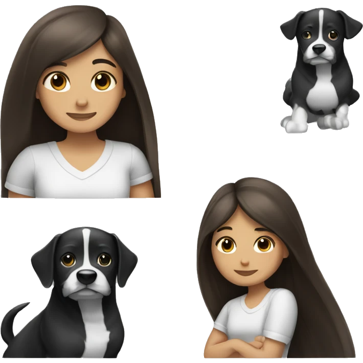 Brunette girl with long straight hair hugging a black and white dog emoji