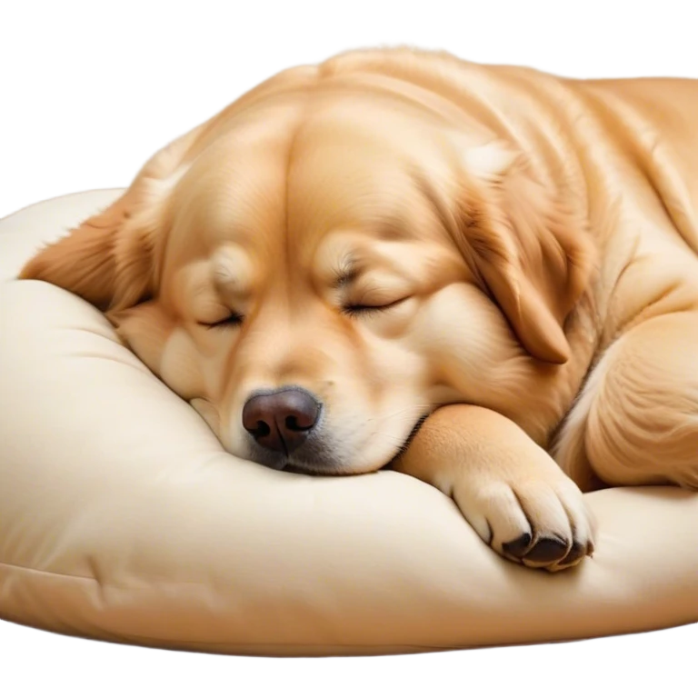 Cinematic Meme-Worthy Chubby Sleeping Golden Retriever Portrait Emoji, Head resting peacefully with a contented smile, showcasing a delightfully chubby build and a luxuriously soft golden coat, eyes shut in a serene nap, Simplified yet hilariously adorable features, highly detailed, glowing with a soft, drowsy light, high shine, relaxed and utterly lovable, stylized with an air of playful laziness, bright and heartwarming, soft glowing outline, capturing the essence of a comically sleepy companion, so meme-worthy it feels like it could instantly become the next viral sensation of adorable slumber! emoji