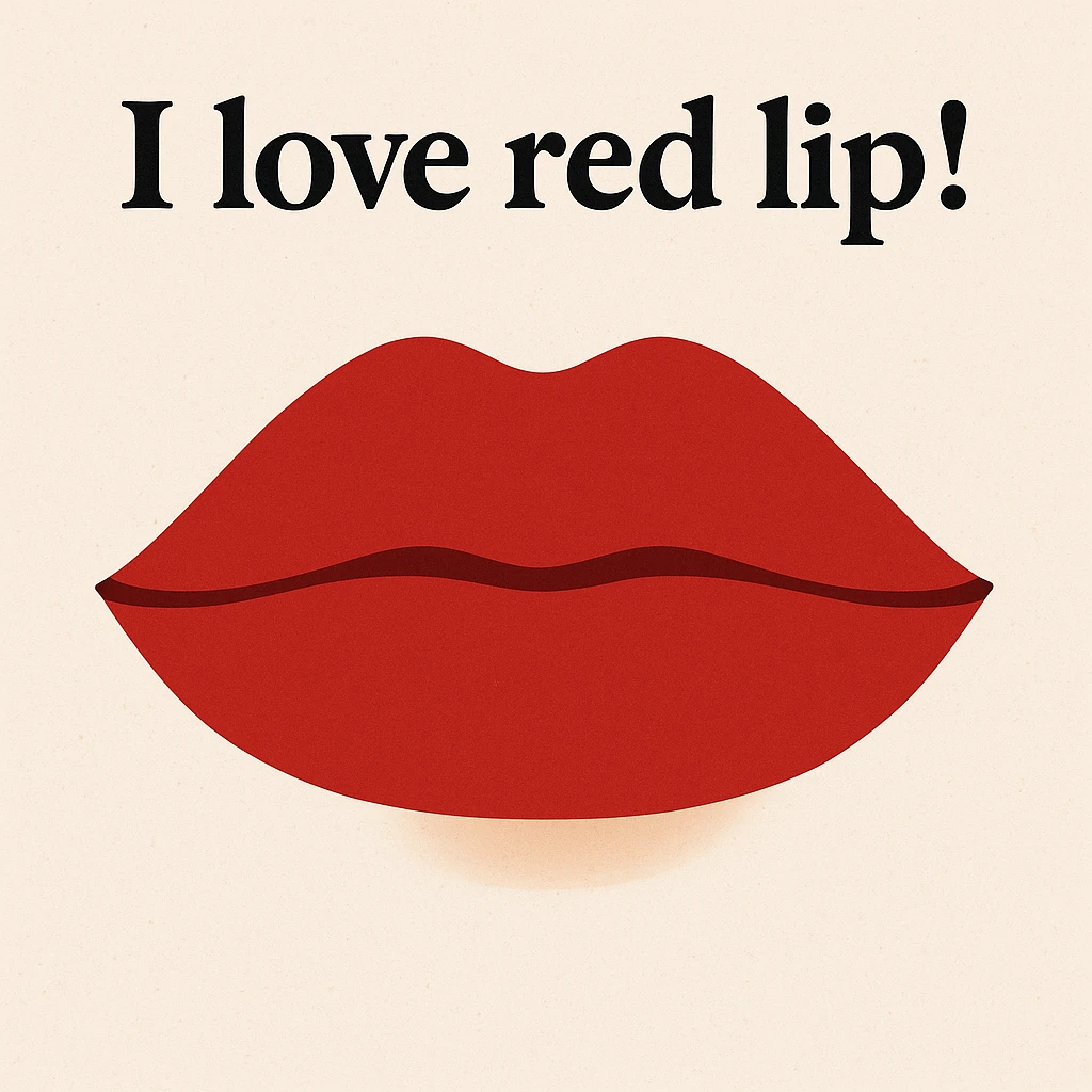 modern illustration style single mouth with lips closed, bold matte red lipstick, including the words 'I love red lip!' in a stylish font emoji