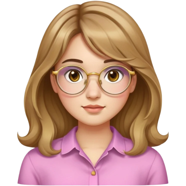 young adult woman with light skin, round face, prominent cheeks, medium plump body, long light brown hair with golden highlights, voluminous and wavy, long bangs over eyebrows, large octagonal glasses with thin golden or light pink frame, casual dark shirt emoji