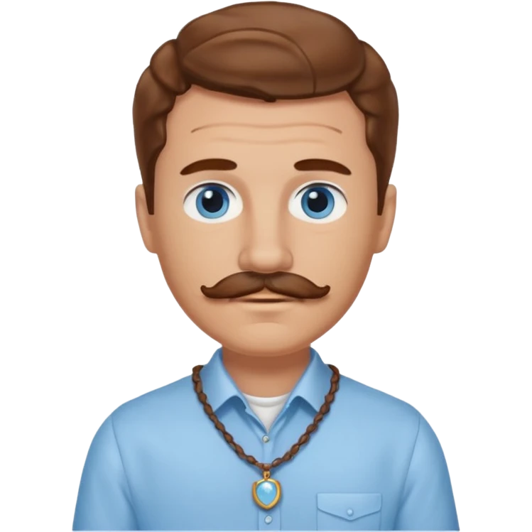 Benson Boone blue eyes, brown wavy hair and mustache, light blue dress shirt with necklace emoji