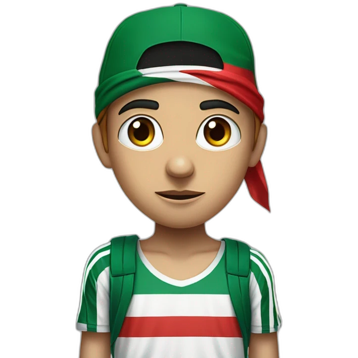 An angry and upset boy wearing Adidas three-striped pants and a shirt that says "Free Palestine" and an Islamic hat with the Palestinian flag painted on his face. emoji