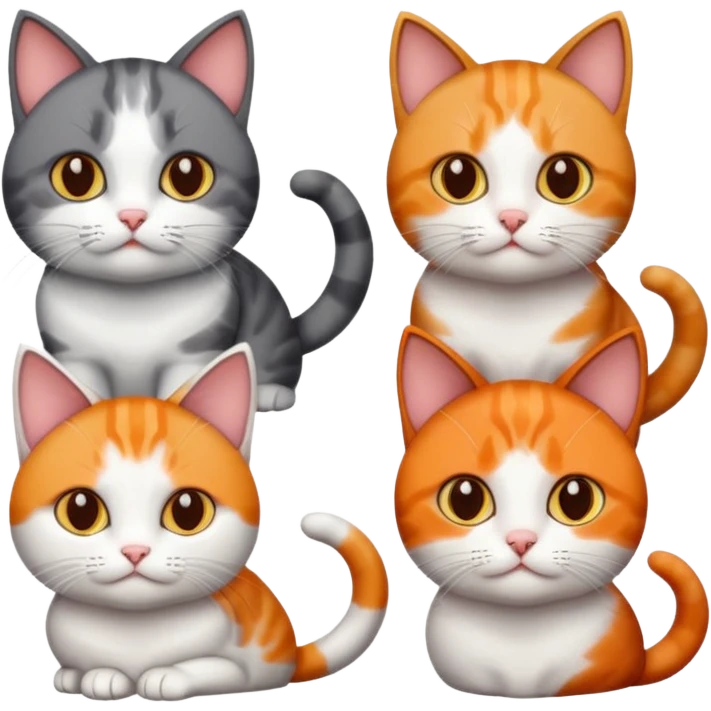 4 different coloured short haired cats including; a dark brown tabby and white cat, and a dark grey and white  emoji