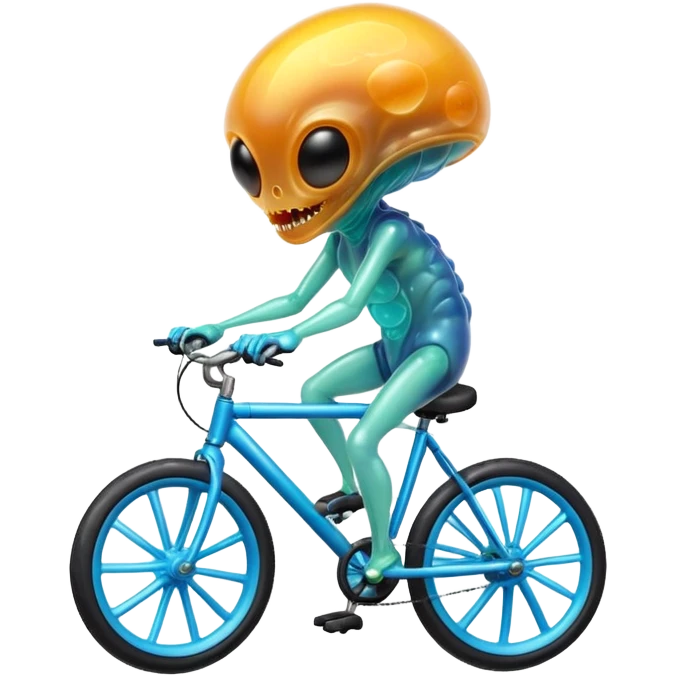 jelly alien riding a bicycle, translucent gelatin body, glowing core inside, wobbly fun movement, cute sci-fi creature, 3D cartoon, mobile game icon style, clean background, no text, no watermark
 emoji