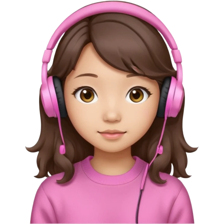 a asian japanese girl with wavy silky brown hair and no bangs. she has a cute pink gaming headphones. she is wearing a cute pink sweater  emoji