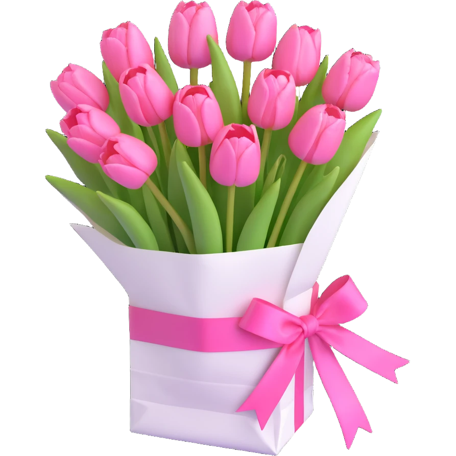 A bouquet of pink tulips in a white paper bag tied with a pink ribbon, in 3D iOS style, pastel colors, soft shadows, clean and minimalistic design. emoji