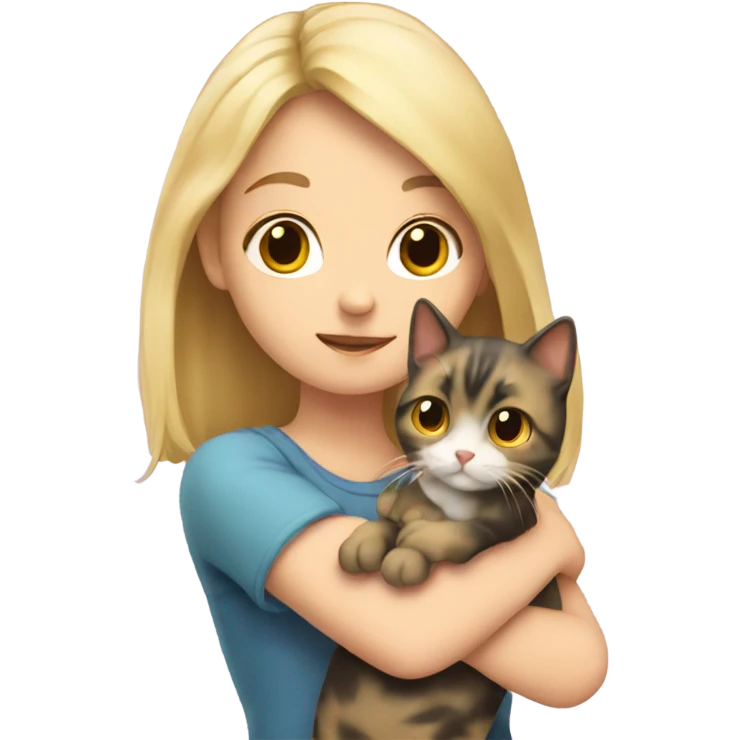 A blonde girl holding a calico cat with her hands emoji