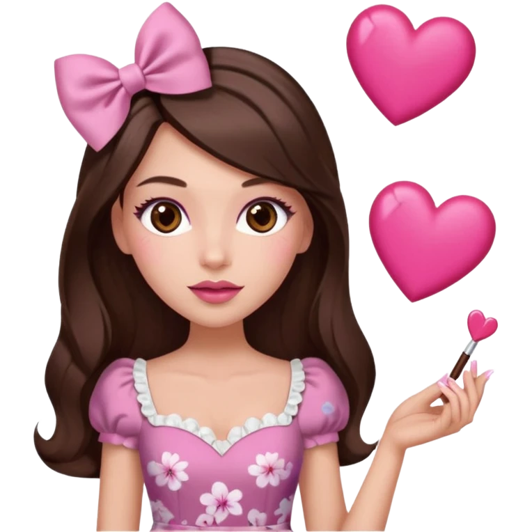 Chocolate brown clothes emoji, inspired with brunette hair, brown eyes, long hair, heart shape lips and pink make up  and pink nails, mauve pink blush and floral pink dress, half up hair with white bow peaking on the sides, white heels  emoji