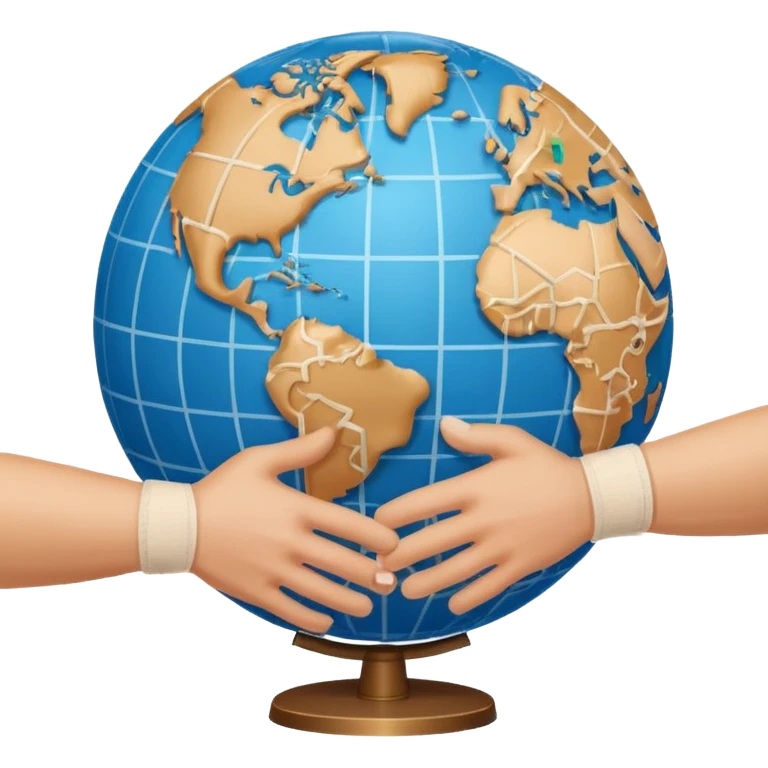 instead of two hands holding a globe, we have two hands handshaking in front of a globe. And in the background, we can see that the globe has a bandage or something. THE GLOBE HAS THE BANDAGE NOT THE HANDS emoji