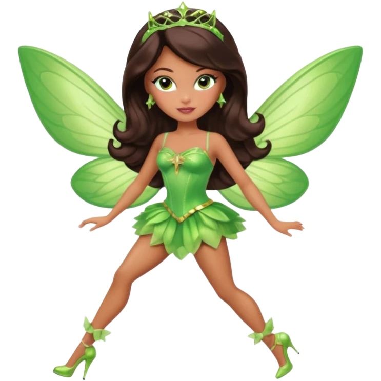 Pretty thick Barbie girl with caramel skin. Dark brown hair and brown eyes. She has freckles. Wearing sexy makeup. Wearing a green fairy costume and heels and flying emoji