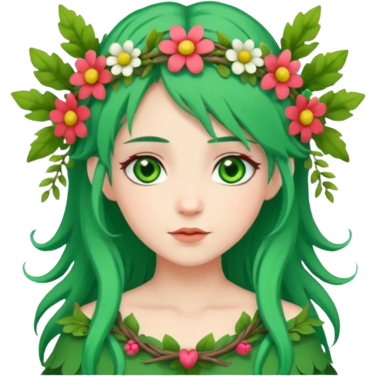 A forest princess with green hair, green eyes, wearing a wreath of flowers and branches emoji