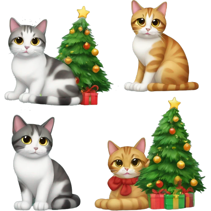 Four different cats sitting under a Christmas tree  emoji
