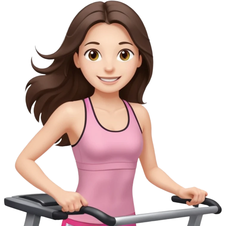 happy long haired brunette girl hazel eyes in light pink on treadmill  emoji