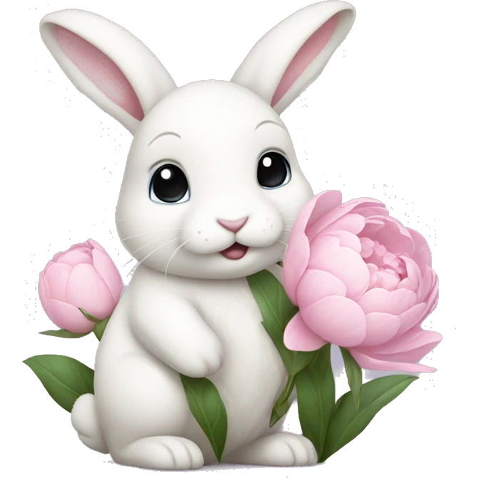 cute white bunny holding light pink peonies emoji
