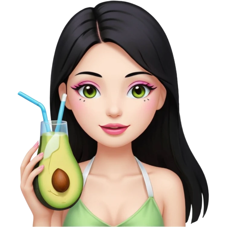 Long black hair with no bangs, straight hair, pretty face. Wearing white halter top. Pink blushed cheeks, long lashes, pin glossy lips. One eyes with wink. One hand with avocado juice.d emoji