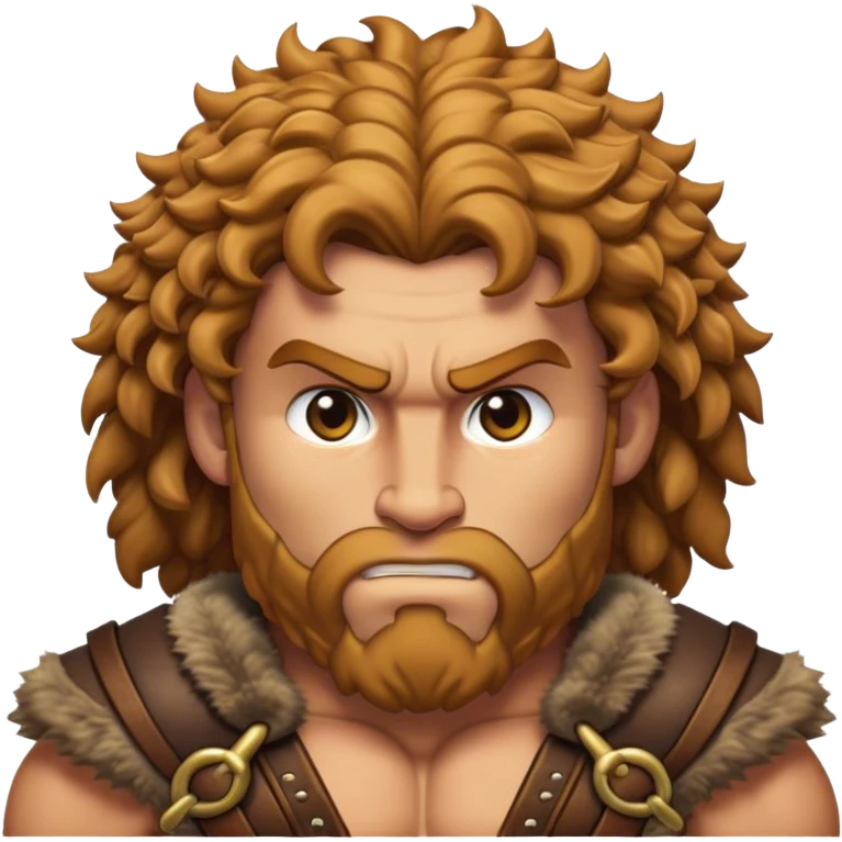 Cinematic Realistic Barbarian Hercules Portrait emoji, depicted as a fierce Greek hero with the chiseled features of Michelangelo's David. His light tan, sculpted skin glows with timeless strength, and his thick, curly, golden brown hair cascades in wild, untamed curls reminiscent of a warrior’s mane. Instead of a flowing white robe with golden accents and a laurel wreath, he wears rugged, weathered leather and fur garments—a tattered, fur-trimmed cloak draped over broad shoulders and a simple circlet forged from iron and bone. His intense, determined eyes exude savage nobility, all rendered under dynamic natural lighting with a mythic, raw, radiant glow. emoji