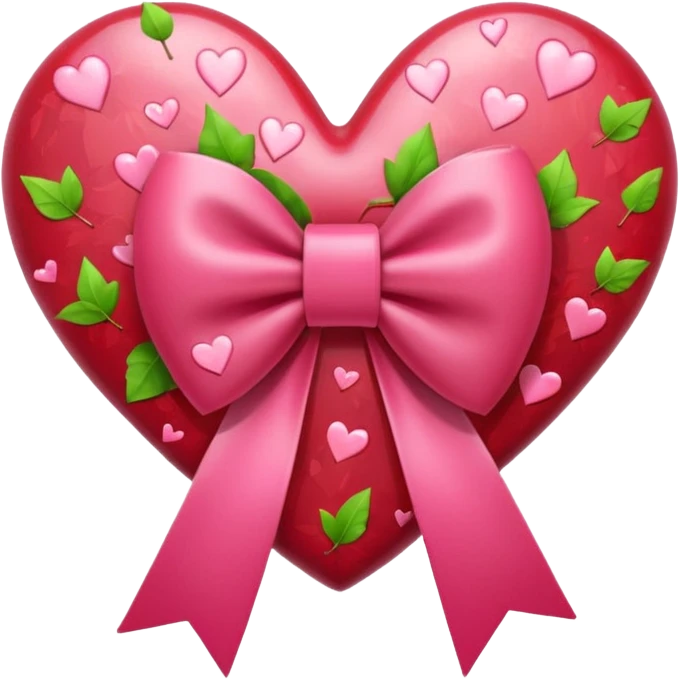 heart with falling leaves, pink bow with heart pattern on the bow, apple emoji style emoji