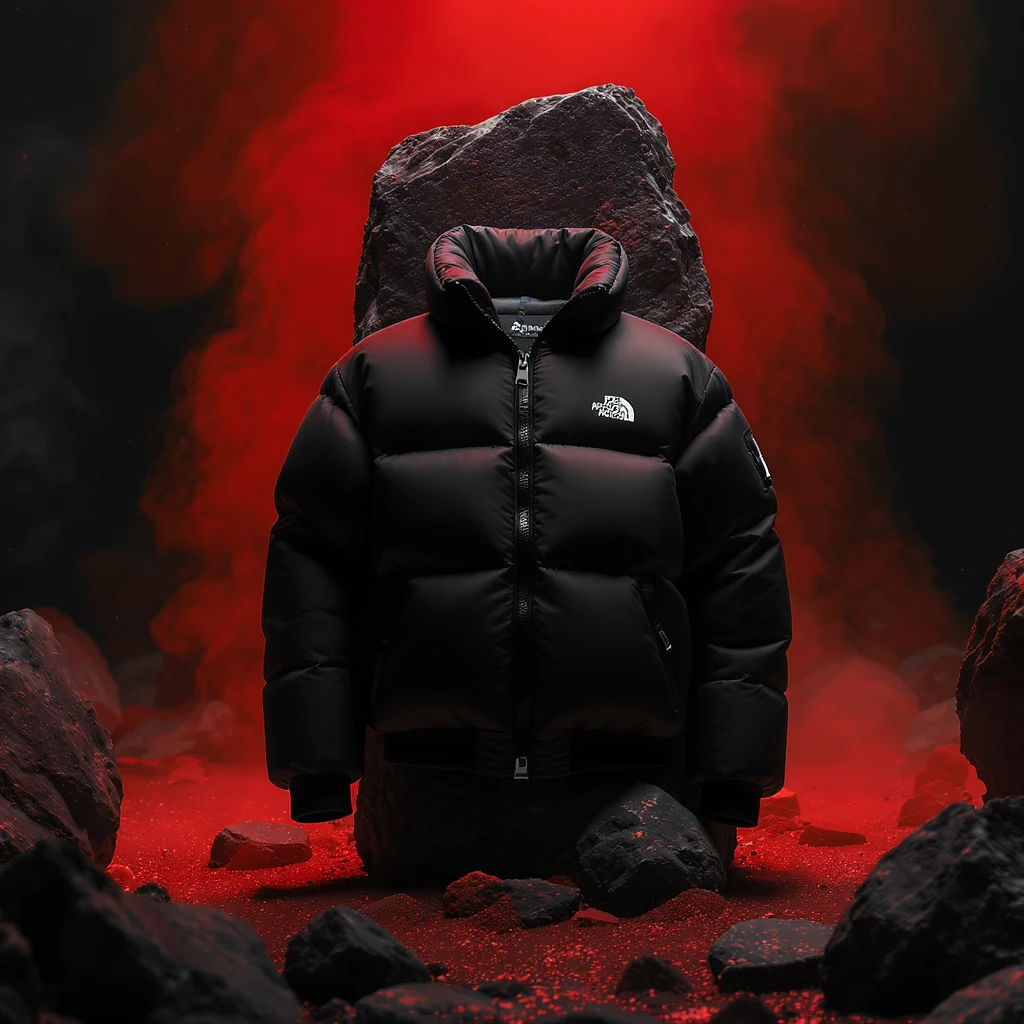cinematic still of a front black puffer jacket around black stone with red coal temeperature environment, back red light, top light emoji