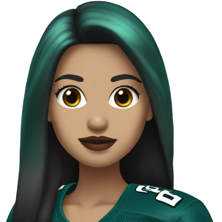 White female long dark hair red lips wearing Philadelphia Eagles jersey emoji