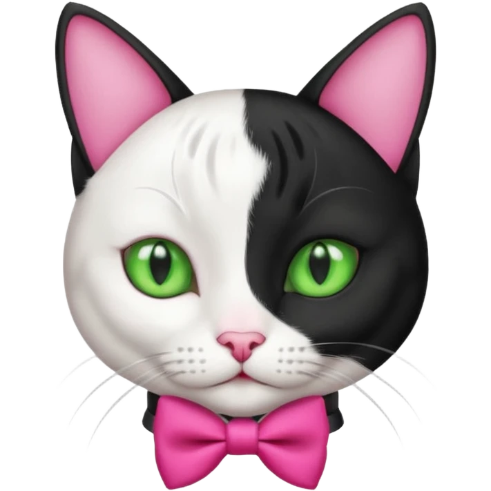 A black and white cat tuxedo breed head with green eyes she has a hot pink bow on her head  emoji