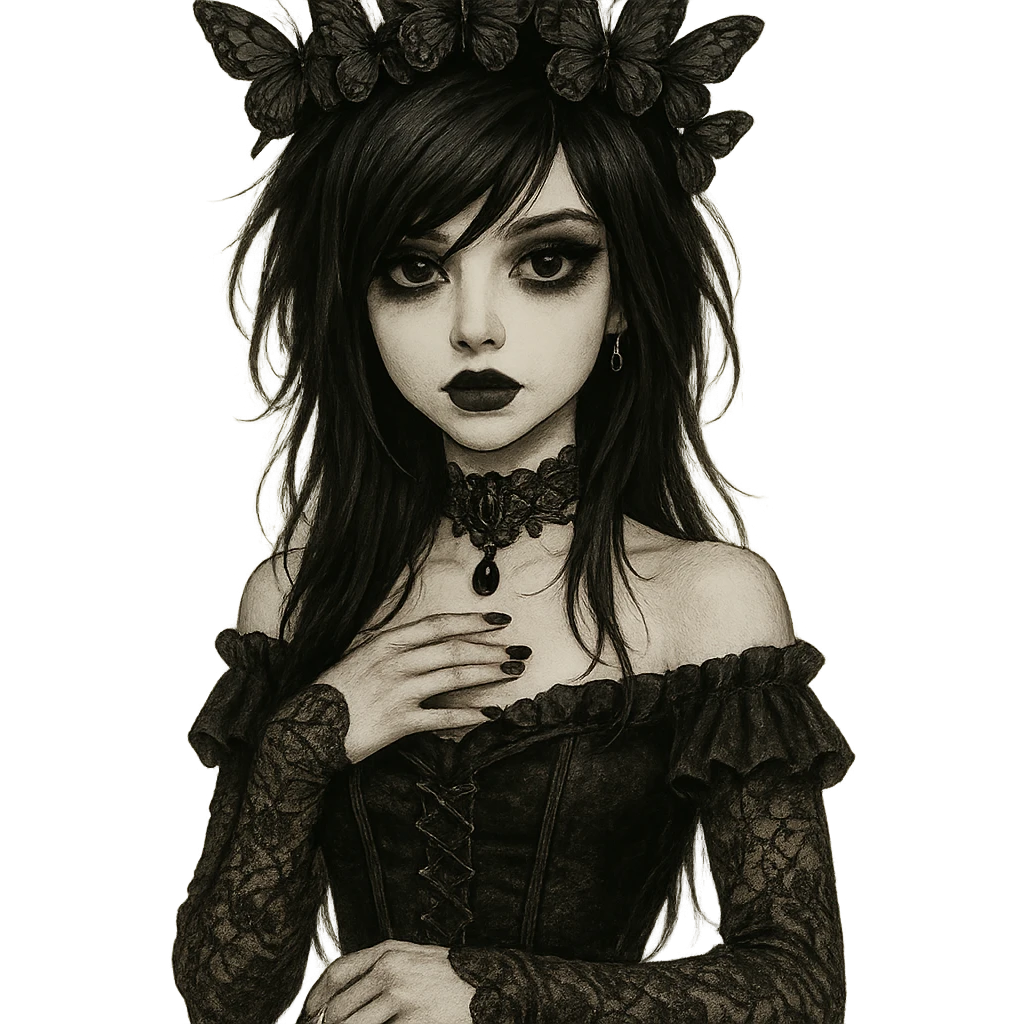 emo girl with butterfly crown, gothic style, mysterious and elegant emoji