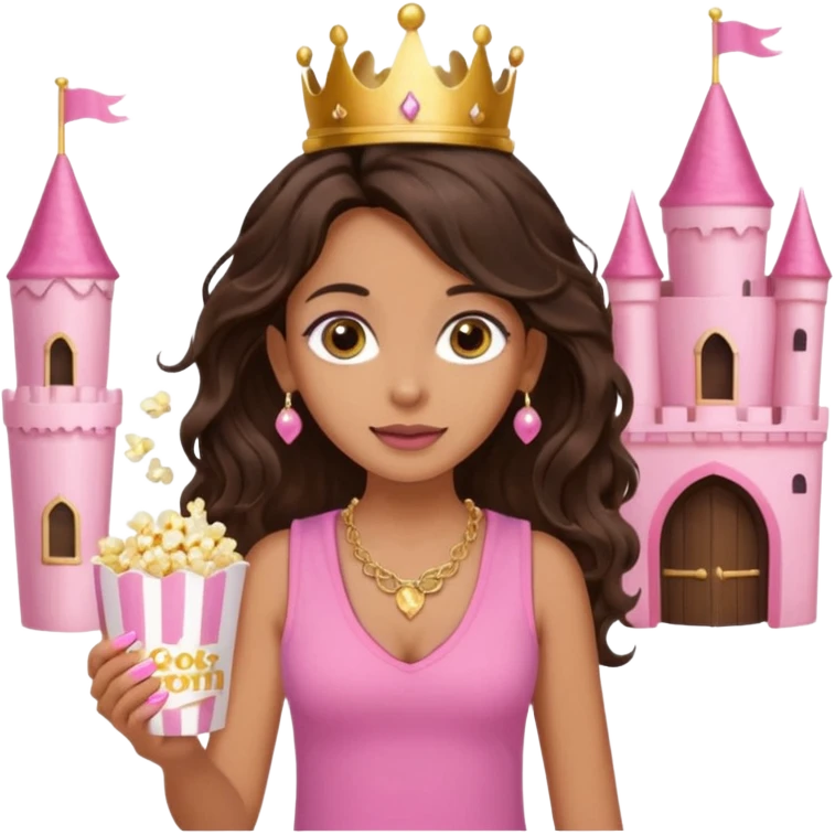 a woman with long dark brown  beachy wavy hair with light brown big eyes wearing pink vest top gold necklace baby pink nails and gold stud earrings with a pink castle fantasy in the background while eating popcorn  emoji