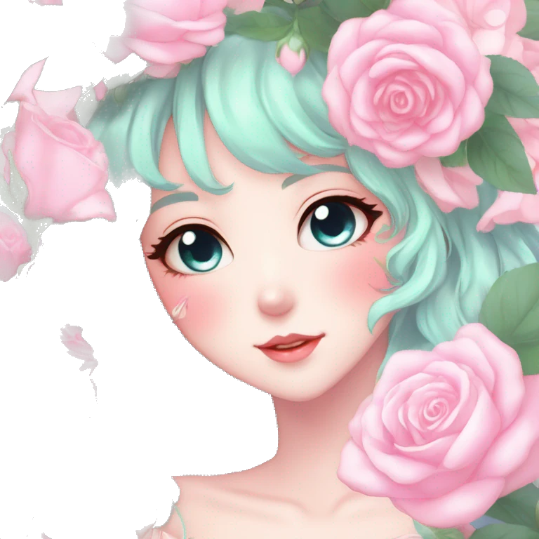 Gorgeous pastel anime style lady with blushing face and roses cottagecore fairycore pastelcore shiny colorful pearly petite aesthetic trending style emoji