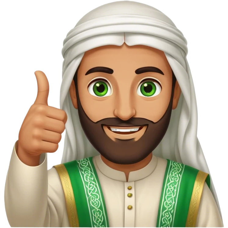 Tanned Arab Saudi man with green eyes and a beard, wearing traditional attire, smiling and giving a big thumbs-up emoji