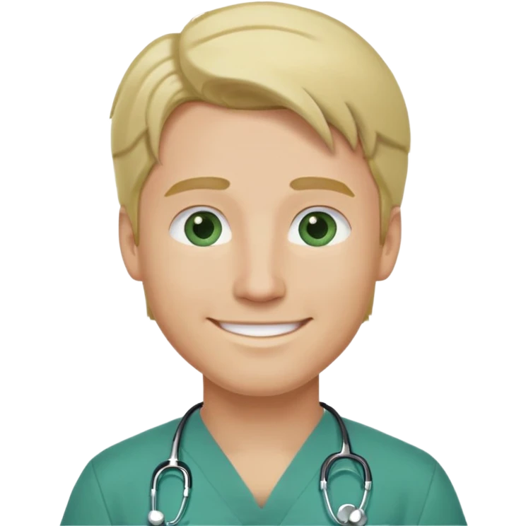 a male doctor with green scrubs, blonde hair middle part, blue eyes, smiling emoji