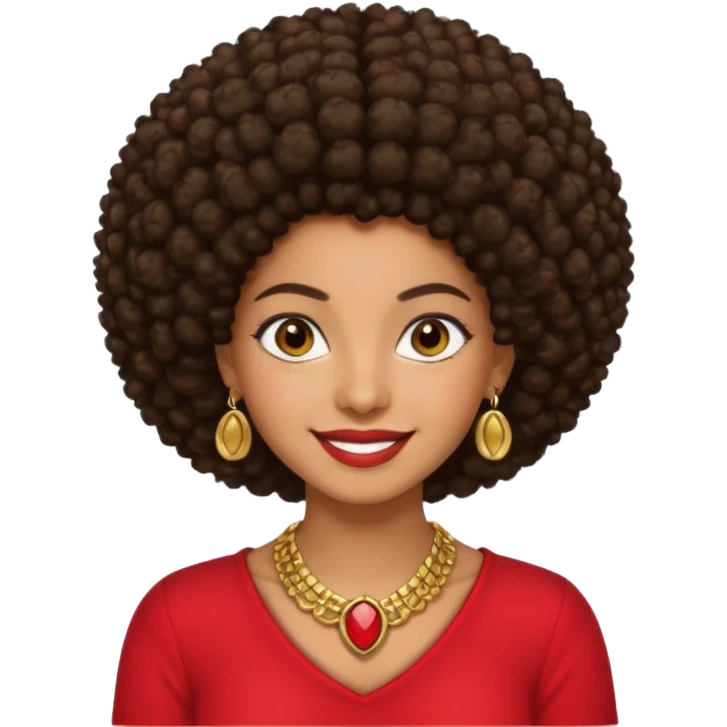 Brownskin girl dark brown hair afro brown eyes smiling red shirt gold esrrings gold necklace emoji