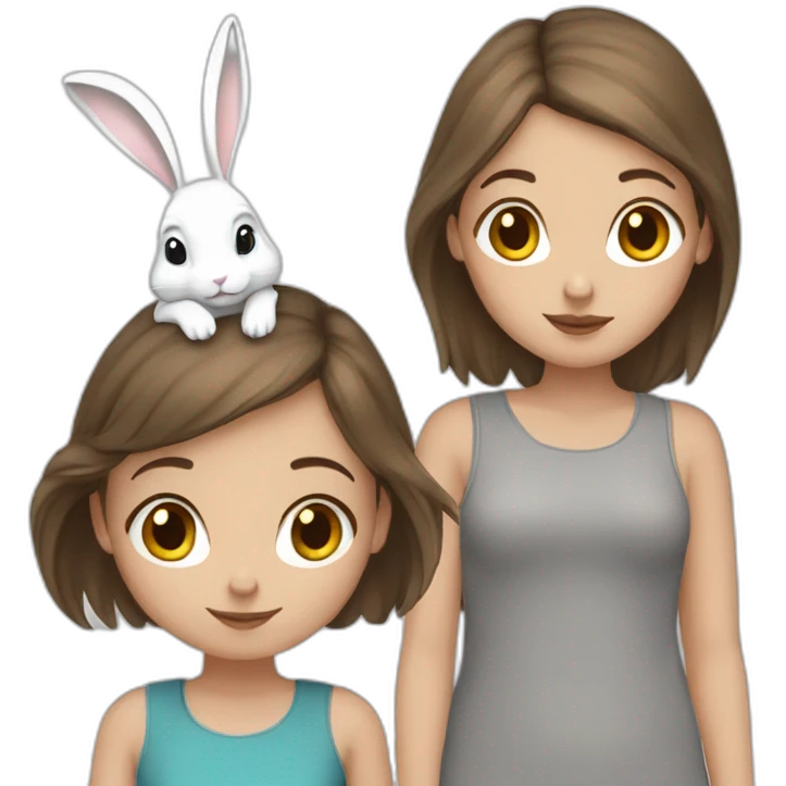 White Girl brown hair anD two Grey bunnies emoji