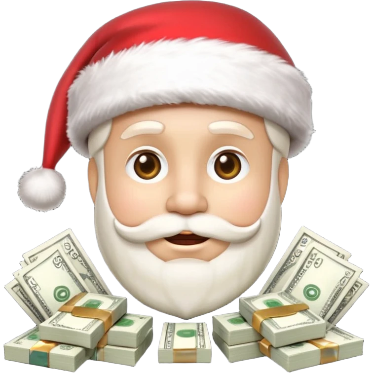 A confident rich emoji face wearing a Santa hat, money stacks, casino vibe, New Year theme, premium 3D emoji style, sharp details, no text, isolated on transparent background emoji