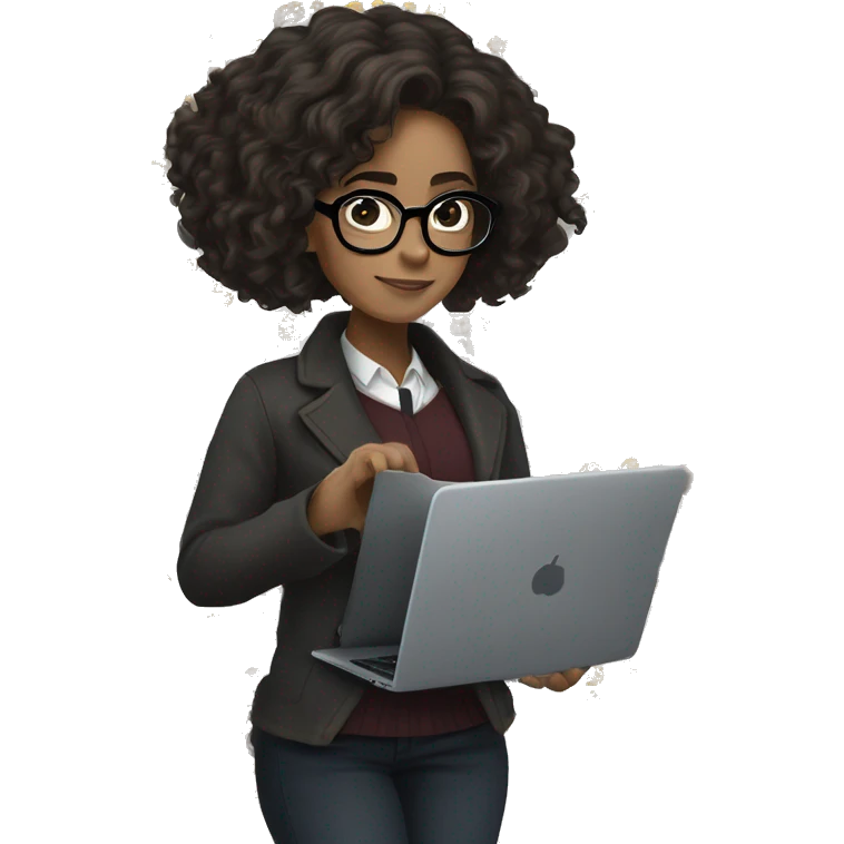 Hermione Granger with medium length, black curly hair, half-clutched, and specs, working on laptop emoji