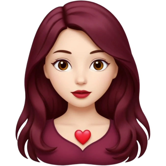 young white woman 
brown almond eyes
heart shaped lips
Long waist-long hair, center parted
slightly wavy
dark burgundy hair\ emoji