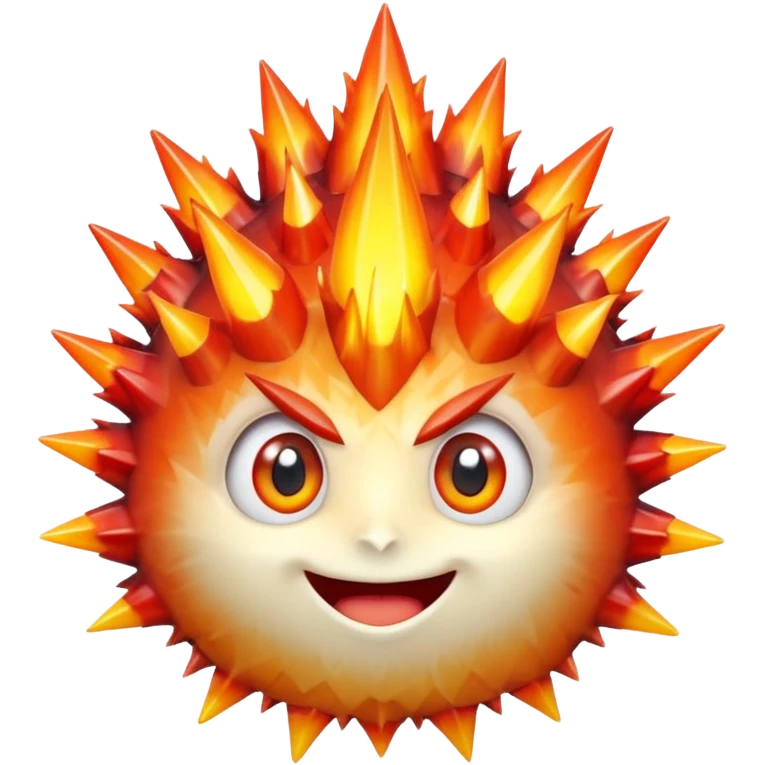 A single spiky crystal rock character, compact and round with many chunky flame-like spikes, glowing red–orange–yellow gradient like fire, faceted crystal texture, cute face with big shiny eyes and excited smile, emoji