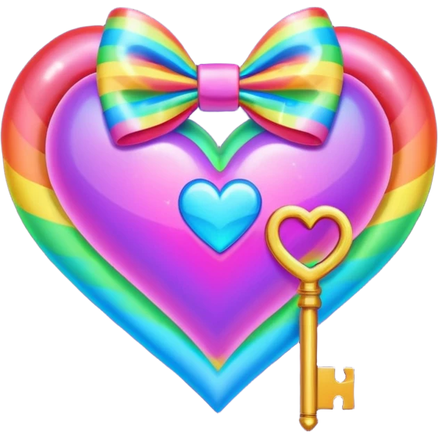 neon heart with a rainbow bow with heart pattern on the bow and a key emoji