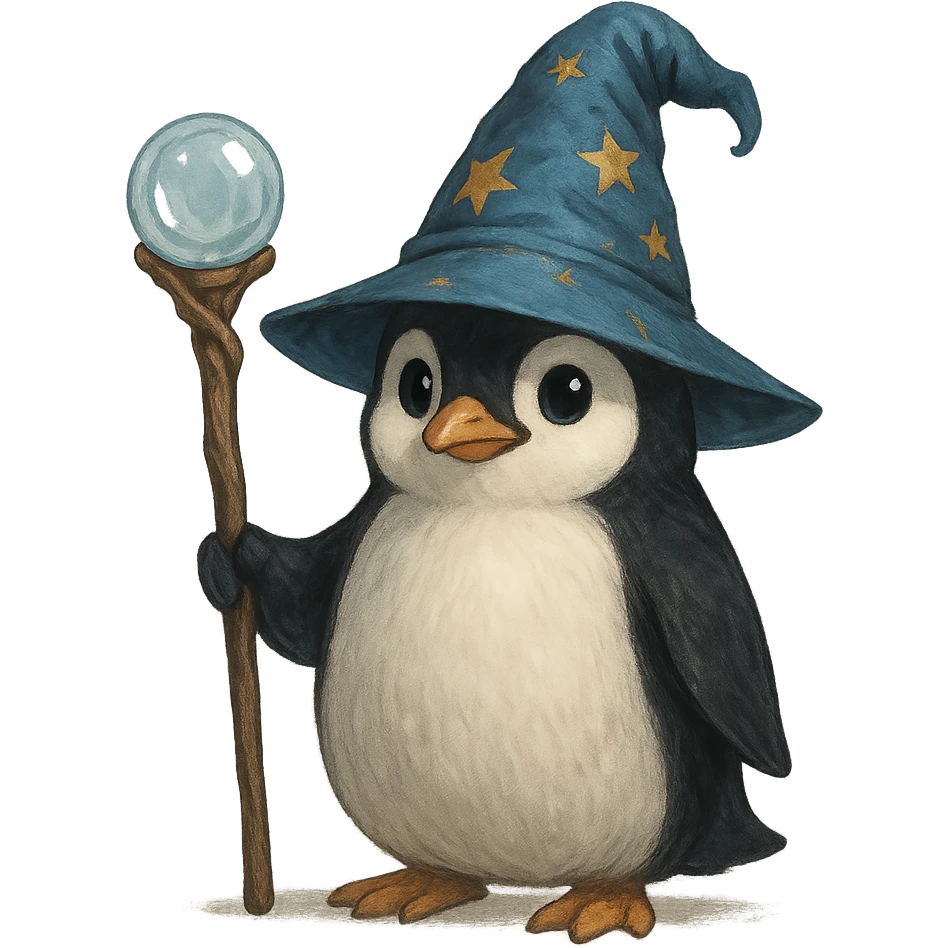 penguin wizard, magical hat, holding a staff emoji