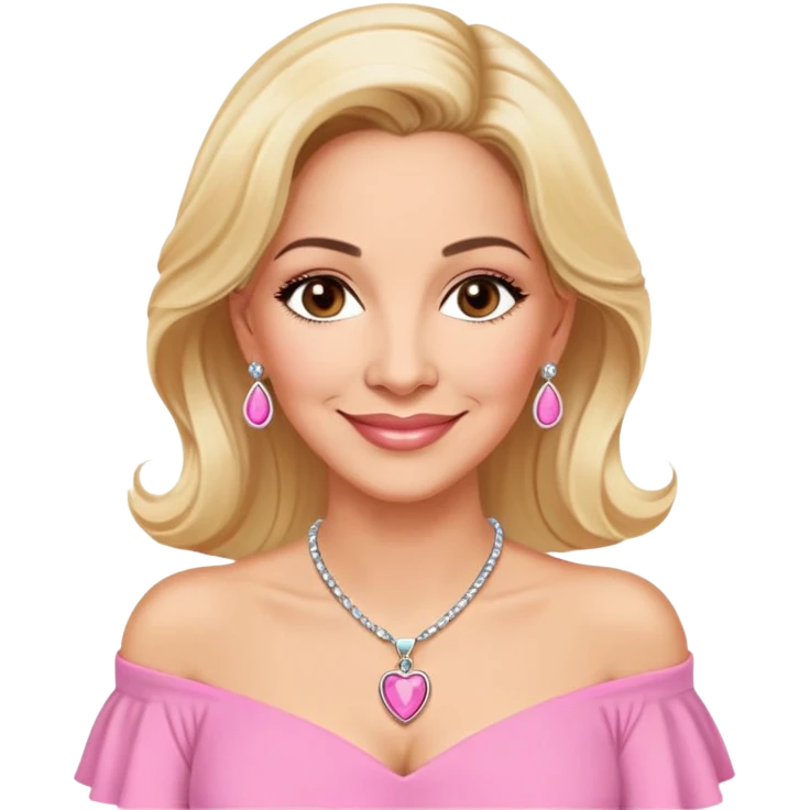 Warm-hearted Linette Torres, Puerto Rican actress in her 50s with light skin, loving expression, gentle eyes, sweet smile, elegant blonde hair, wearing a pink off-shoulder blouse and a pendant necklace emoji