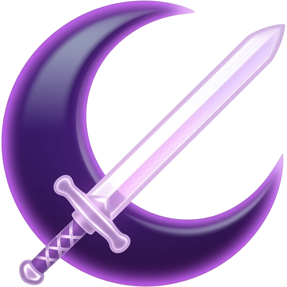 Glowing dark purple detailed crescent moon with an elegant detailed glowing transparent sword, emoji style. Soft violet and pink glow, minimal clean design, smooth edges, subtle lighting, centered, high contrast, transparent background. emoji