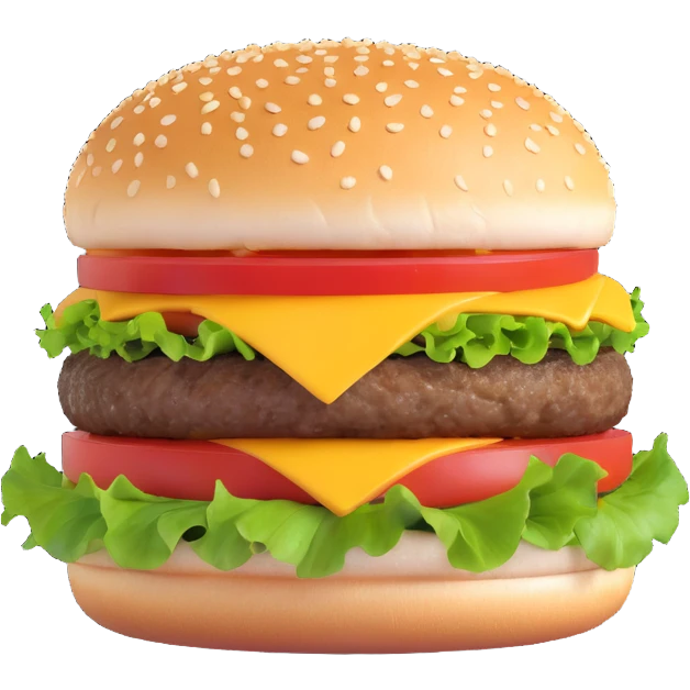 3D illustration of a classic burger with sesame seed bun, lettuce, tomato, cheese, and beef patty, realistic style emoji